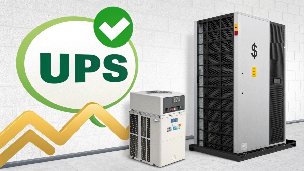 A large, industrial-looking UPS next to an air conditioning unit, with a green checkmark but also a prominent dollar sign icon