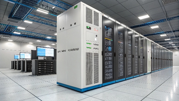 A large, modern data center room with rows of server racks, prominently featuring a large-scale UPS system in the foreground or background