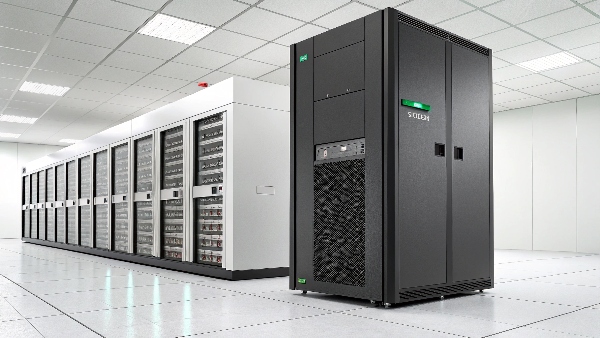 A large, modern online UPS unit standing guard in a clean data center, with server racks visible in the background, subtly glowing to indicate it's active and protecting.