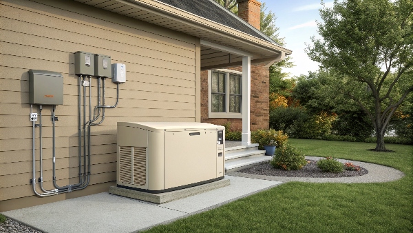 A large, professionally installed whole-house backup generator with an automatic transfer switch
