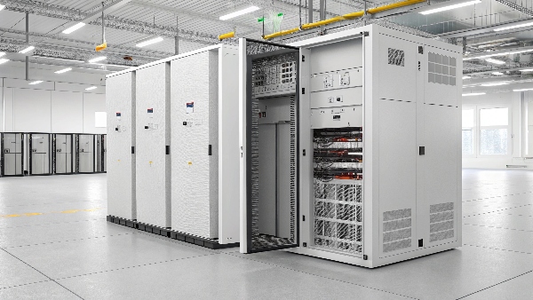 A large, robust 3-phase UPS unit, possibly with its access panel open to show some internal components, standing in a spacious, well-organized data center or industrial facility power room.