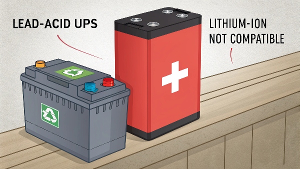 A lead-acid UPS with an arrow pointing to its battery bay, and a lithium-ion battery pack with a red X or 