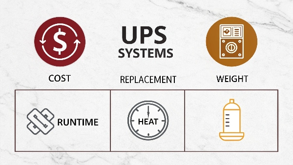 A list of cons with icons: dollar sign (cost), battery with a cross (replacement), heavy weight icon, clock (runtime), thermometer (heat)