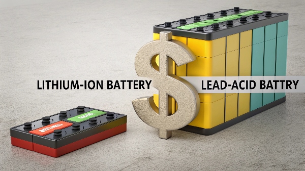A lithium-ion battery with a prominent dollar sign or price tag next to it, larger than a lead-acid battery with a smaller price tag