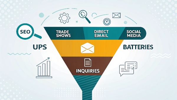 A marketing funnel graphic showing various channels (SEO, Trade Shows, Direct Email, Social Media) leading to 