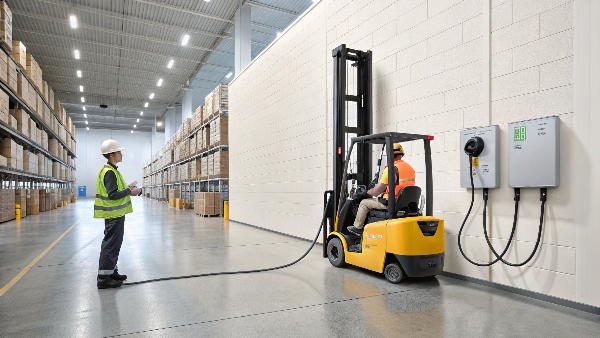 A modern electric forklift being quickly charged with a lithium battery during a work break