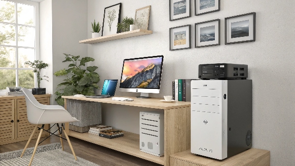 A modern home office setup with a computer, monitor, and network devices all neatly powered by a sleek UPS unit from an OEM supplier