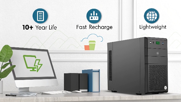 A modern lithium-ion UPS unit powering a computer setup, with icons highlighting benefits like 