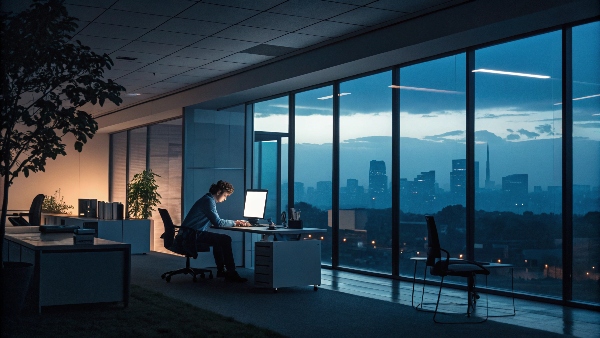 A modern office with computers running smoothly during a city-wide power outage, thanks to a UPS