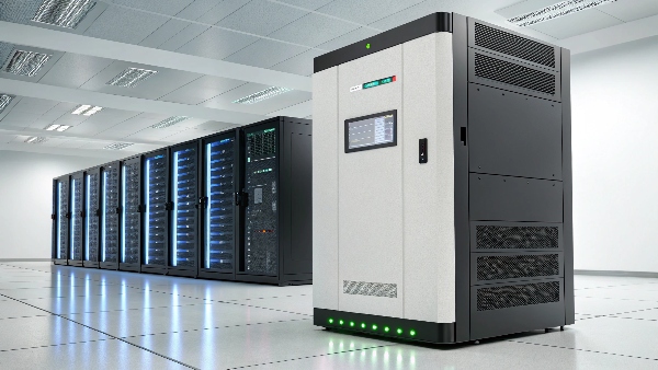 A modern online UPS unit in a clean data center environment, with server racks visible, subtly glowing.