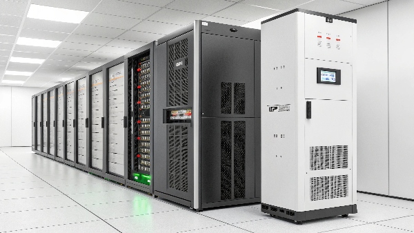 A modern UPS unit prominently displayed, perhaps with an internal view showing batteries, connected to server racks in a clean data center environment, emphasizing protection.