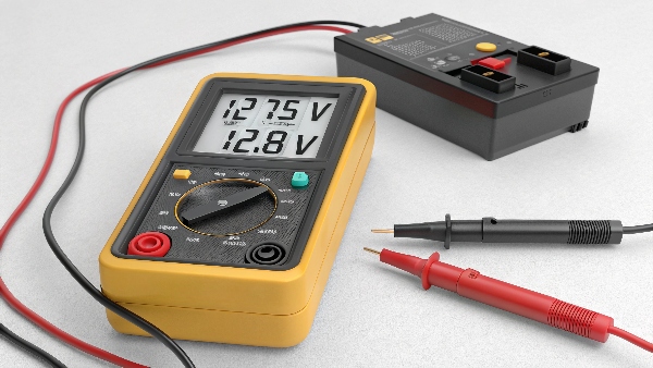 A multimeter displaying a healthy voltage reading from a 12V UPS battery