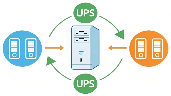 A PC with arrows pointing to it from both a surge protector icon and a voltage stabilizer icon, with a UPS icon encompassing both