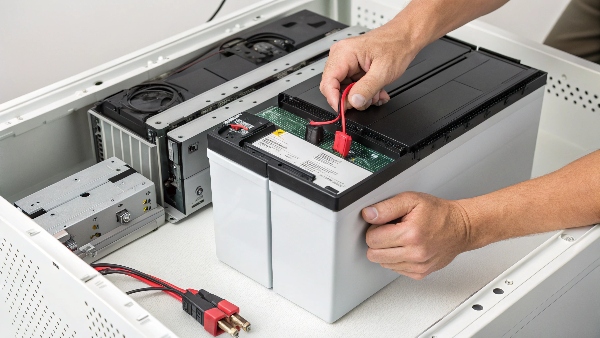 A person carefully sliding a new battery into a UPS unit