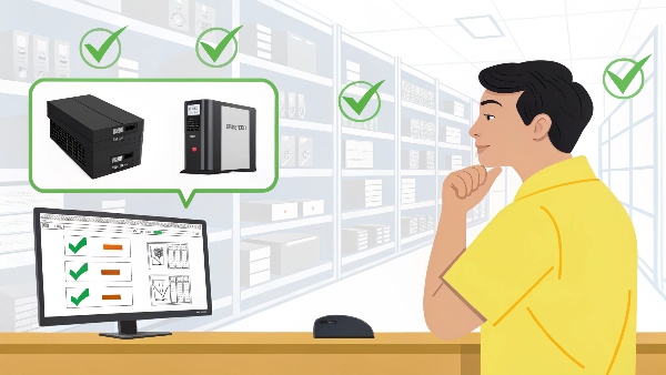 A person looking at different UPS models in a store or online, with checklist icons for VA/Watts, Runtime, UPS Type