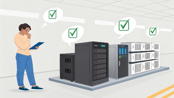 A person looking at different UPS models on a shelf, with checklist icons for VA/Watts, runtime, and type