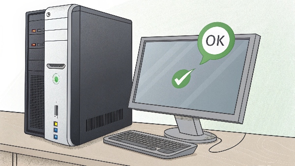 A powered-off PC tower and monitor still plugged into a UPS unit, with a green 'OK' checkmark
