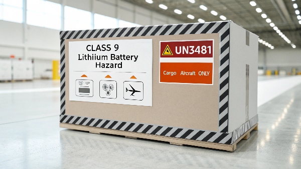 A properly packed and labeled box for shipping lithium-ion batteries by air