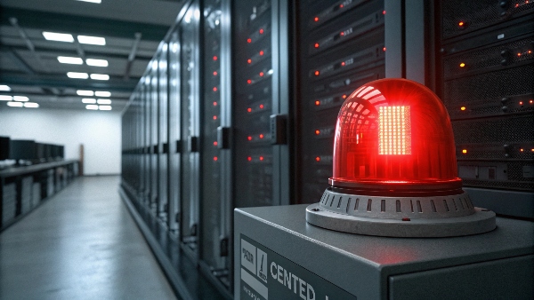 A red warning light flashing in a server room, symbolizing a data center outage event.