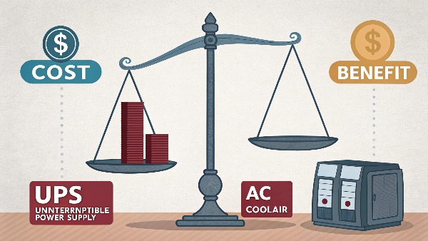 A scale balancing the 'Cost' of a large UPS on one side and the 'Benefit' of running an AC on the other, with 'Cost' being much heavier