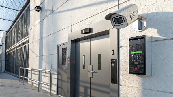 A secure data center entrance featuring a biometric palm scanner and a surveillance camera mounted above.