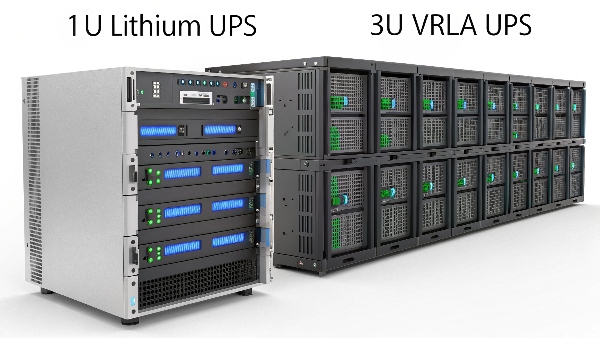 A server rack with a compact 1U lithium UPS compared to a larger 3U lead-acid UPS