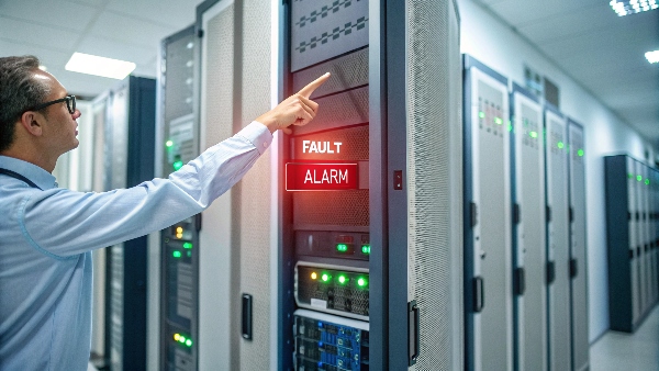 A server room technician pointing to a red alarm light on a rack-mounted UPS