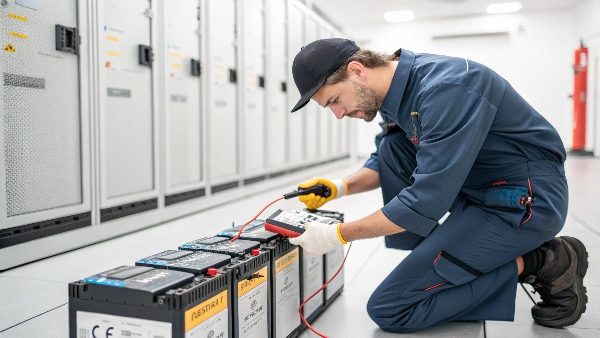 A service technician carefully performing maintenance on a UPS battery module, wearing safety gloves.