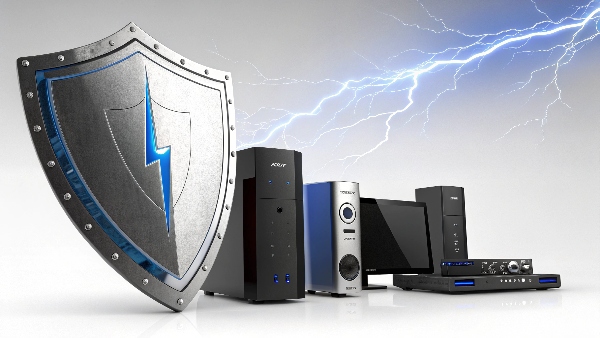A shield deflecting a lightning bolt (surge) away from a collection of expensive electronics like a high-end PC, TV, and audio system