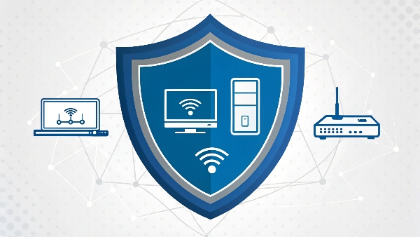A shield icon encompassing a UPS, computer, and other home electronics, symbolizing comprehensive power protection