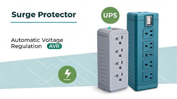 A side-by-side comparison graphic showing a surge protector with limited features vs. a UPS with multiple protection features (battery, surge, AVR)