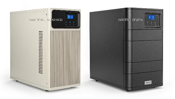 A side-by-side comparison image: a sleek LiFePO4 UPS next to a bulky lead-acid UPS