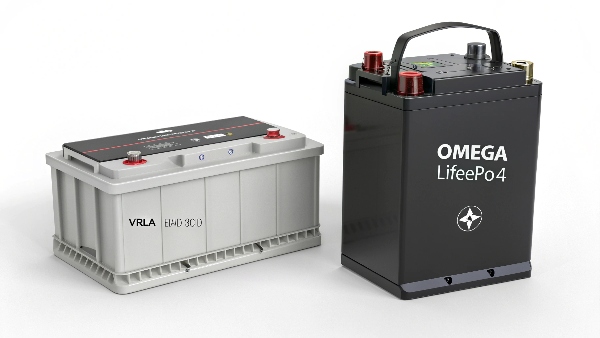 A side-by-side comparison of a heavy, bulky VRLA battery and a compact, lighter LiFePO4 battery pack