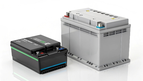 A side-by-side comparison showing a large lead-acid battery pack next to a much smaller lithium-ion battery pack of the same capacity