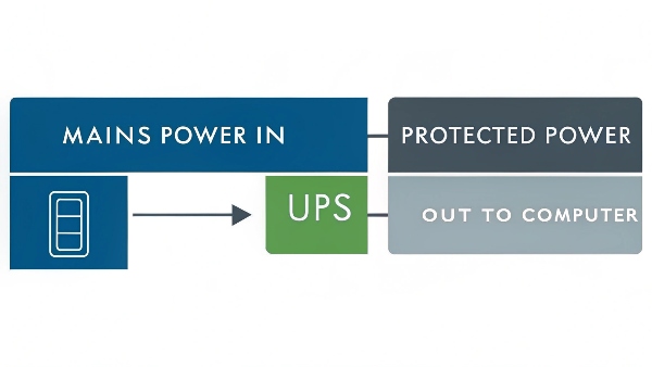 A simple block diagram: Mains Power IN -> UPS (with battery icon) -> Protected Power OUT to Computer