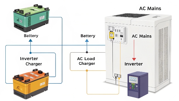A simple diagram: Battery -> Inverter -> AC Load. Alongside, a more complex diagram: AC Mains -> Charger -> Battery -> Inverter -> AC Load, with a bypass line, labeled 'UPS'