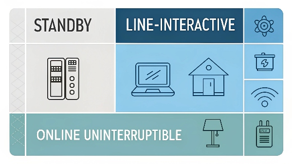 A simple diagram comparing Standby, Line-Interactive, and Online UPS topologies and their suitability for different home devices