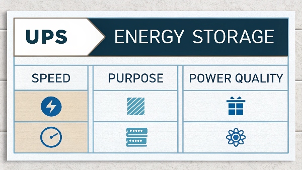 A simple table comparing UPS and Energy Storage side-by-side on key metrics like Speed, Purpose, and Power Quality