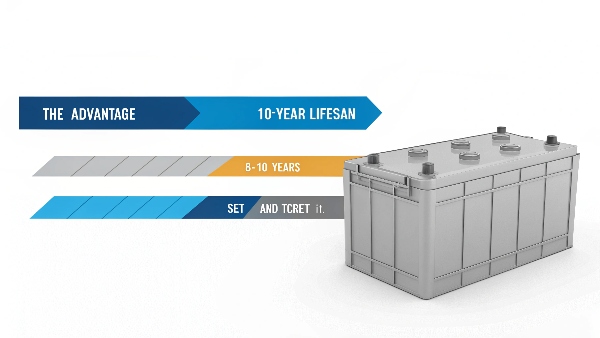 A simple timeline graphic comparing a single 10-year lithium battery bar to three 3-year lead-acid battery bars