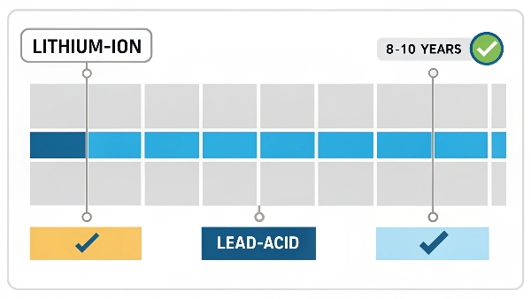 A simple timeline graphic showing a single 10-year lithium battery bar above three 3-year lead-acid battery bars
