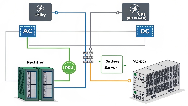A simplified diagram showing AC utility -> UPS (AC-DC-AC) -> PDU -> Server (AC-DC internal conversion) vs. an alternative path: AC utility -> Rectifier (AC-DC) -> DC UPS/Battery -> DC PDU -> Server (direct DC input)