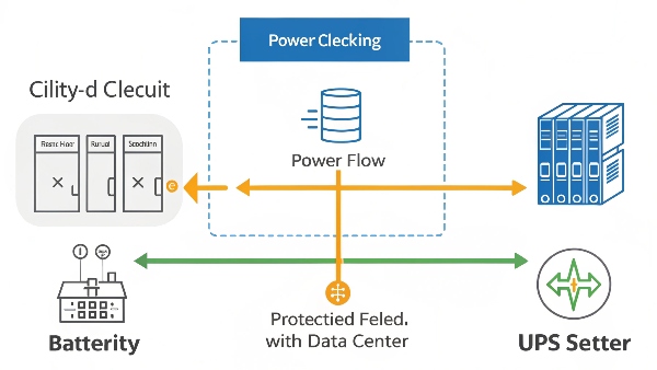A simplified diagram showing power flow: Utility Grid -> UPS (filtering/battery backup stage) -> Protected IT Load in a Data Center.