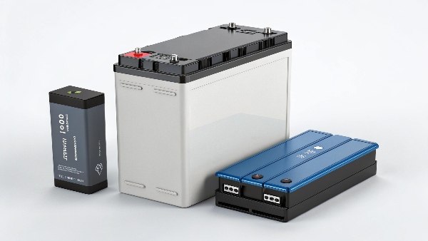 A sleek, modern LiFePO4 battery pack next to a bulky, traditional lead-acid battery pack