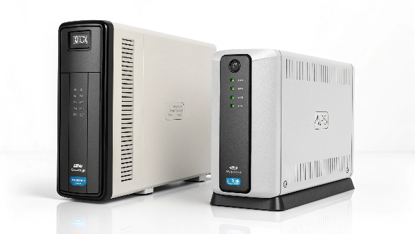 A sleek, modern lithium-ion UPS next to an older, bulkier lead-acid UPS, highlighting the size difference