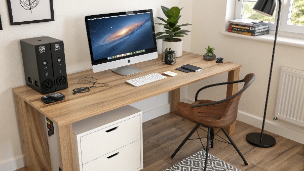 A sleek, modern lithium-ion UPS sitting next to a home office computer setup