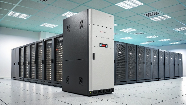 A sleek, modern online UPS system in a well-lit data center, with rows of server racks behind it highlighting its central role.