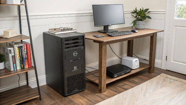 A small tower UPS sitting discreetly next to a home office desk with a computer and monitor
