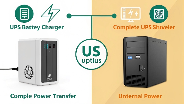 A split image: left side shows a simple battery charger connected to a battery, right side shows a complete UPS unit powering a device