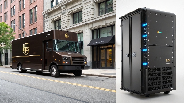 A split image: on one side, a UPS delivery truck with its iconic brown color; on the other, a sleek black rack-mount Uninterruptible Power Supply unit with LED indicators.