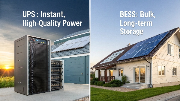 A split image: On one side, a UPS protecting a server rack. On the other, a large battery bank connected to solar panels on a house.
